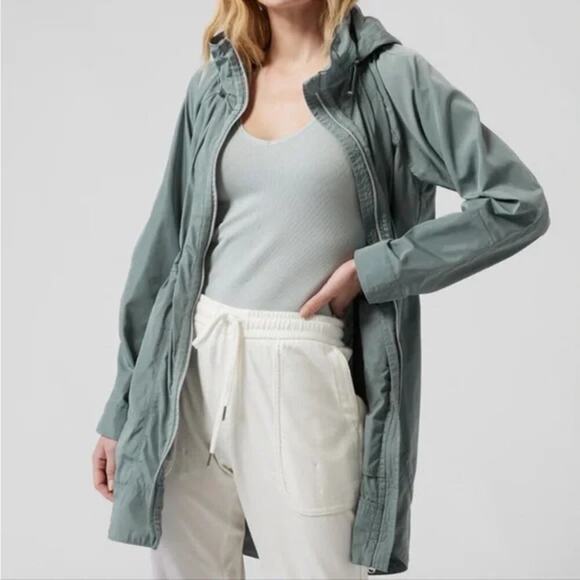 Athleta Drip Drop Full Zip Water Repellent Jacket with Hood Blue/Grey Small - Picture 1 of 14